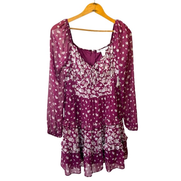 NWT Altar’d State | Women’s plum Theresa tiered white floral lined mini dress, L - Picture 5 of 16